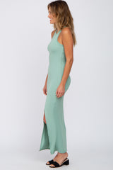 Mint Green Ribbed Sleeveless Side Slit Dress