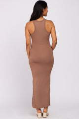 Mocha Ribbed Sleeveless Side Slit Maternity Dress