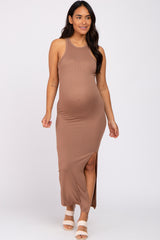 Mocha Ribbed Sleeveless Side Slit Maternity Dress