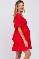 Red Smocked Tie Back Maternity Mini Dress