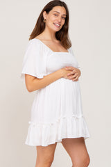 White Smocked Tie Back Maternity Mini Dress