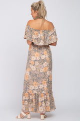 Multi-Colored Floral Ruffle Layered Off Shoulder Maternity Maxi Dress