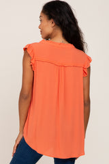 Orange Ruffle Accent Split Neck Blouse