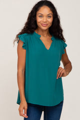 Teal Ruffle Accent Split Neck Blouse