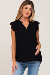 Black Ruffle Accent Split Neck Maternity Blouse