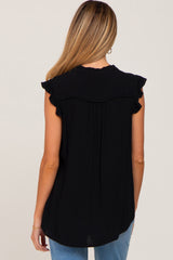 Black Ruffle Accent Split Neck Maternity Blouse