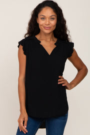 Black Ruffle Accent Split Neck Blouse