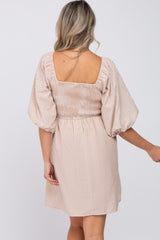 Taupe Striped Smocked Puff Sleeve Maternity Dress