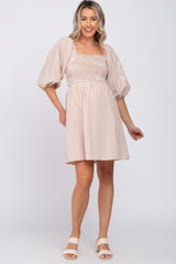 Taupe Striped Smocked Puff Sleeve Maternity Dress