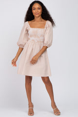 Taupe Striped Smocked Puff Sleeve Dress