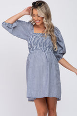 Navy Blue Striped Smocked Puff Sleeve Maternity Dress