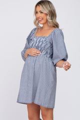 Navy Blue Striped Smocked Puff Sleeve Maternity Dress