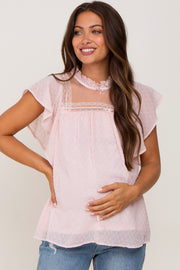 Pink Swiss Dot Ruffle Lace Maternity Blouse