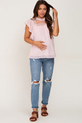 Pink Swiss Dot Ruffle Lace Maternity Blouse