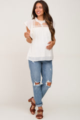 Cream Swiss Dot Ruffle Lace Maternity Blouse