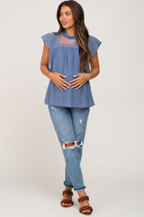 Blue Swiss Dot Ruffle Lace Maternity Blouse