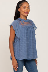 Blue Swiss Dot Ruffle Lace Blouse