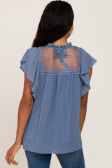 Blue Swiss Dot Ruffle Lace Blouse