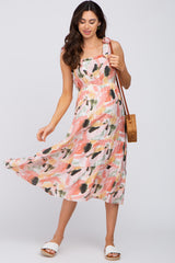 Pink Floral Shoulder Tie Maternity Midi Dress