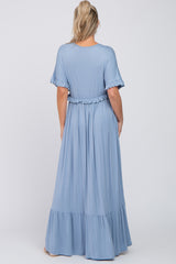 Light Blue Solid Ruffle Maternity Maxi Dress