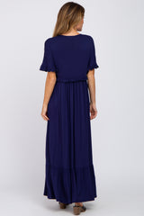 Navy Solid Ruffle Maxi Dress