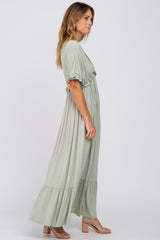 Light Olive Solid Ruffle Maxi Dress