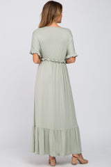 Light Olive Solid Ruffle Maxi Dress