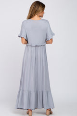 Silver Solid Ruffle Maxi Dress