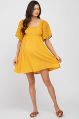 Yellow Smocked Front Crochet Shoulder Cut Out Back Maternity Dress