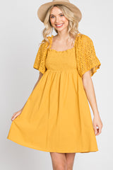 Yellow Smocked Front Crochet Shoulder Cut Out Back Maternity Dress