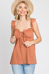 Rust Plaid Pattern Sweetheart Neck Front Tie Top