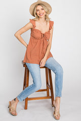 Rust Plaid Pattern Sweetheart Neck Front Tie Top