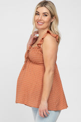 Rust Plaid Pattern Sweetheart Neck Front Tie Maternity Top