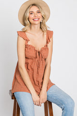 Rust Plaid Pattern Sweetheart Neck Front Tie Maternity Top