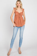 Rust Plaid Pattern Sweetheart Neck Front Tie Top