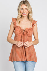 Rust Plaid Pattern Sweetheart Neck Front Tie Top