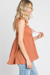 Rust Plaid Pattern Sweetheart Neck Front Tie Top