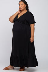 Black Solid Ruffle Maternity Plus Maxi Dress