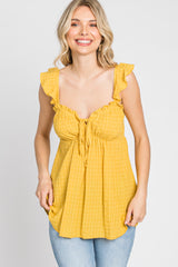 Yellow Plaid Pattern Sweetheart Neck Front Tie Top