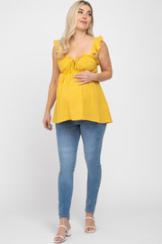 Yellow Plaid Pattern Sweetheart Neck Front Tie Maternity Top