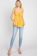 Yellow Plaid Pattern Sweetheart Neck Front Tie Top