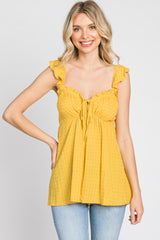 Yellow Plaid Pattern Sweetheart Neck Front Tie Top