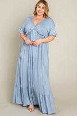 Light Blue Solid Ruffle Maternity Plus Maxi Dress