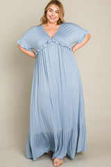 Light Blue Solid Ruffle Plus Maxi Dress