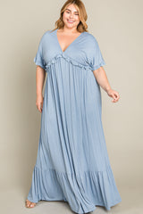 Light Blue Solid Ruffle Plus Maxi Dress