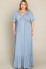 Light Blue Solid Ruffle Plus Maxi Dress