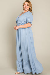 Light Blue Solid Ruffle Plus Maxi Dress