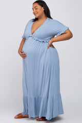 Light Blue Solid Ruffle Maternity Plus Maxi Dress