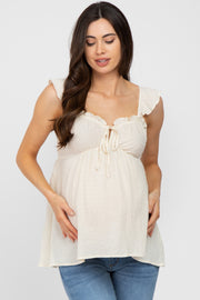 Ivory Plaid Pattern Sweetheart Neck Front Tie Maternity Top