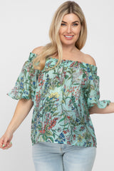 Aqua Floral Smocked Off Shoulder Maternity Top